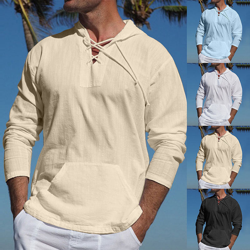 Men's Tropical Cotton Linen Hooded Long-Sleeve T-Shirt