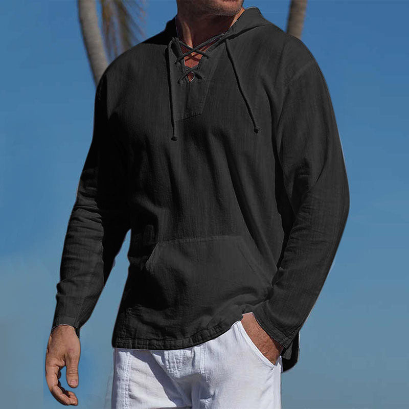 Men's Tropical Cotton Linen Hooded Long-Sleeve T-Shirt